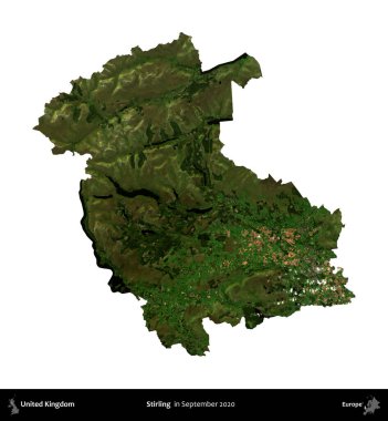 Stirling. Birleşik Krallık 'ın idari alanı, Eylül 2020' de çekilen Kopernik Nöbetçi karolarından oluşan bir uydu görüntüsü üzerinde beyaza izole edilmiştir.