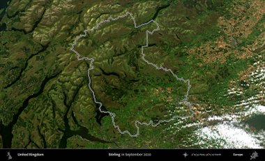 Stirling. Eylül 2020 'de çekilen Kopernik Nöbetçi karolarından oluşan bir uydu görüntüsü üzerinde Birleşik Krallık' ın idari bölgesini özetledik.