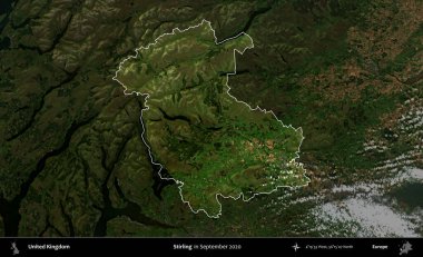 Stirling. Birleşik Krallık 'ın idari alanı, Eylül 2020' de çekilen Kopernik Nöbetçi karolarından oluşan koyu renkli bir uydu görüntüsü üzerinde vurgulandı ve özetlendi.