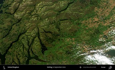 Stirling. Eylül 2020 'de Copernicus Sentinel karolarından oluşan bir uydu görüntüsü üzerinde Birleşik Krallık' ın idari alanı