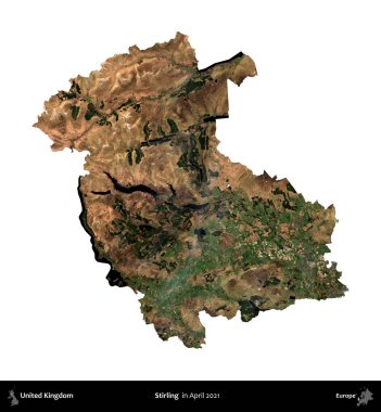 Stirling. Birleşik Krallık 'ın idari alanı, Nisan 2021' de çekilen Kopernik Nöbetçi karolarından oluşan bir uydu görüntüsü üzerinde beyaza izole edilmiştir.