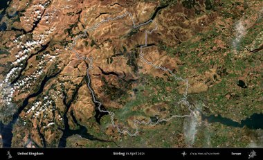 Stirling. Nisan 2021 'de çekilen Kopernik Nöbetçi karolarından oluşan bir uydu görüntüsü üzerinde Birleşik Krallık' ın idari bölgesinin ana hatlarını belirledik.