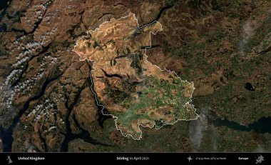 Stirling. Birleşik Krallık 'ın idari alanı, Nisan 2021' de çekilen Kopernik Nöbetçi karolarından oluşan koyu renkli bir uydu görüntüsü üzerinde vurgulandı ve özetlendi.