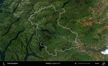 Stirling. Ağustos 2021 'de çekilen Kopernik Nöbetçi karolarından oluşan bir uydu görüntüsü üzerinde Birleşik Krallık' ın idari bölgesinin ana hatlarını belirledik.