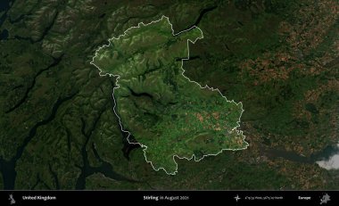Stirling. Birleşik Krallık 'ın idari alanı, Ağustos 2021' de çekilen Kopernik Nöbetçi karolarından oluşan koyu renkli bir uydu görüntüsü üzerinde vurgulandı ve özetlendi.