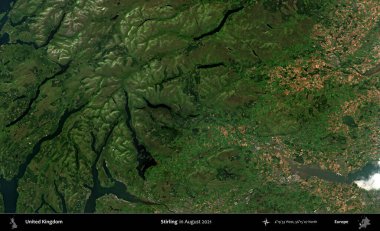 Stirling. Ağustos 2021 'de çekilen Kopernik Nöbetçi karolarından oluşan bir uydu görüntüsü üzerinde Birleşik Krallık' ın idari alanı