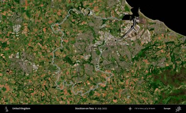 Stockton-on-Tees. Temmuz 2022 'de çekilen Copernicus Sentinel karolarından oluşan bir uydu görüntüsü üzerinde Birleşik Krallık' ın idari bölgesinin ana hatlarını belirledik.