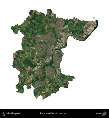 Stockton-on-Tees. Birleşik Krallık 'ın idari alanı, Haziran 2023' te çekilen Kopernik Nöbetçi karolarından oluşan bir uydu görüntüsü üzerinde beyaza izole edilmiştir.