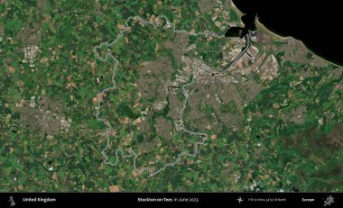 Stockton-on-Tees. Haziran 2023 'te çekilen Kopernik Nöbetçi karolarından oluşan bir uydu görüntüsü üzerinde Birleşik Krallık' ın idari alanının ana hatlarını belirledik.