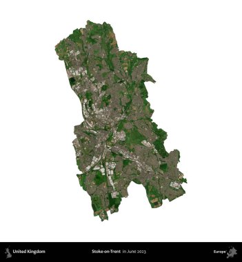 Stoke-on-Trent. Birleşik Krallık 'ın idari alanı, Haziran 2023' te çekilen Kopernik Nöbetçi karolarından oluşan bir uydu görüntüsü üzerinde beyaza izole edilmiştir.