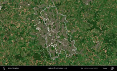 Stoke-on-Trent. Haziran 2023 'te çekilen Kopernik Nöbetçi karolarından oluşan bir uydu görüntüsü üzerinde Birleşik Krallık' ın idari alanının ana hatlarını belirledik.