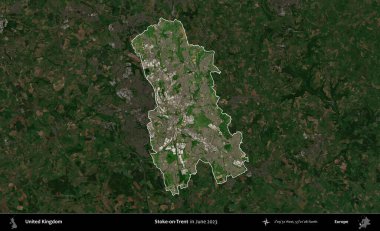 Stoke-on-Trent. Birleşik Krallık 'ın idari alanı, Haziran 2023' te çekilen Kopernik Nöbetçi karolarından oluşan koyu renkli bir uydu görüntüsüyle vurgulanmış ve özetlenmiştir.