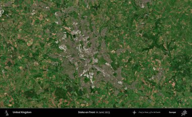 Stoke-on-Trent. Haziran 2023 'te çekilen Kopernik Nöbetçi karolarından oluşan bir uydu görüntüsü üzerinde Birleşik Krallık' ın idari alanı