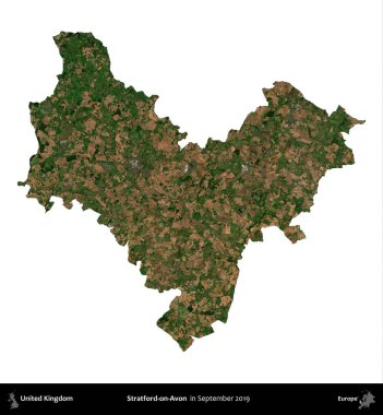 Stratford-on-Avon. Birleşik Krallık 'ın idari alanı, Eylül 2019' da çekilen Kopernik Nöbetçi karolarından oluşan bir uydu görüntüsü üzerinde beyaza izole edilmiştir.