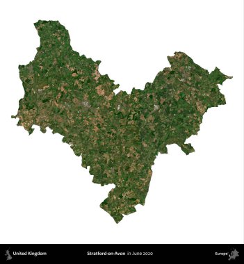 Stratford-on-Avon. Birleşik Krallık 'ın idari alanı, Haziran 2020' de çekilen Kopernik Nöbetçi karolarından oluşan bir uydu görüntüsüyle beyaza izole edilmiştir.