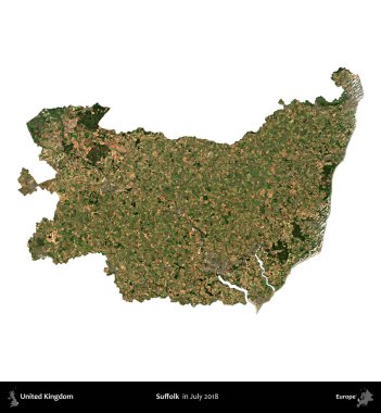 Suffolk. Birleşik Krallık 'ın idari alanı, Temmuz 2018' de çekilen Kopernik Nöbetçi karolarından oluşan bir uydu görüntüsüyle beyaza izole edildi.