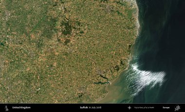 Suffolk. Temmuz 2018 'de çekilen Kopernik Nöbetçi karolarından oluşan bir uydu görüntüsü üzerinde Birleşik Krallık' ın idari alanı