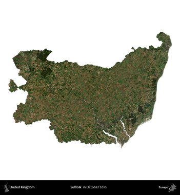Suffolk. Birleşik Krallık 'ın idari alanı, Ekim 2018' de çekilen Kopernik Nöbetçi karolarından oluşan bir uydu görüntüsüyle beyaza izole edildi.