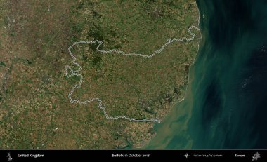 Suffolk. Ekim 2018 'de çekilen Kopernik Nöbetçi karolarından oluşan bir uydu görüntüsü üzerinde Birleşik Krallık' ın idari alanının ana hatlarını belirledik.