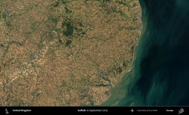 Suffolk. Eylül 2019 'da çekilen Kopernik Nöbetçi karolarından oluşan bir uydu görüntüsü üzerinde Birleşik Krallık' ın idari alanı