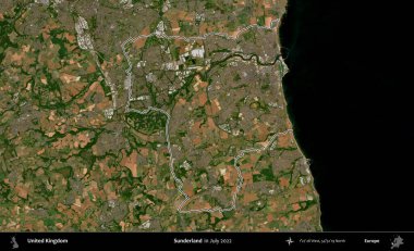 Sunderland 'de. Temmuz 2022 'de çekilen Copernicus Sentinel karolarından oluşan bir uydu görüntüsü üzerinde Birleşik Krallık' ın idari bölgesinin ana hatlarını belirledik.