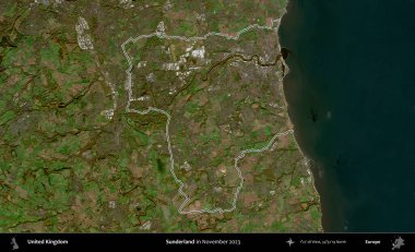 Sunderland 'de. Kasım 2023 'te çekilen Kopernik Nöbetçi karolarından oluşan bir uydu görüntüsü üzerinde Birleşik Krallık' ın idari alanının ana hatlarını belirledik.