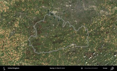 Surrey. Mart 2020 'de çekilen Copernicus Sentinel karolarından oluşan bir uydu görüntüsü üzerinde Birleşik Krallık' ın idari bölgesinin ana hatlarını belirledik.