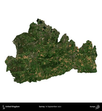Surrey. Birleşik Krallık 'ın idari alanı, Eylül 2021' de çekilen Kopernik Nöbetçi karolarından oluşan bir uydu görüntüsü üzerinde beyaza izole edildi.