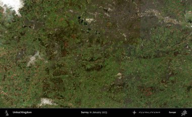 Surrey. Ocak 2023 'te Copernicus Sentinel karolarından oluşan bir uydu görüntüsü üzerinde Birleşik Krallık' ın idari alanı
