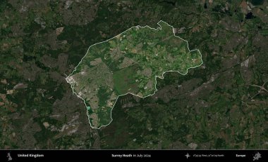 Surrey Heath. Birleşik Krallık 'ın idari alanı, Temmuz 2024' te çekilen Kopernik Nöbetçi karolarından oluşan koyu renkli bir uydu görüntüsü üzerinde vurgulandı ve özetlendi.