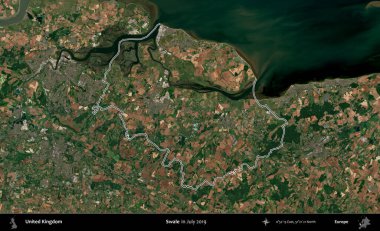 Swale. Temmuz 2019 'da çekilen Kopernik Nöbetçi karolarından oluşan bir uydu görüntüsünde Birleşik Krallık' ın idari bölgesinin ana hatları belirlendi.