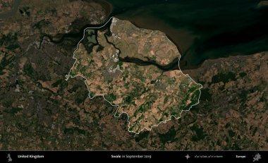 Swale. Birleşik Krallık 'ın idari alanı, Eylül 2019' da çekilen Kopernik Nöbetçi karolarından oluşan koyu renkli bir uydu görüntüsü üzerinde vurgulandı ve özetlendi.