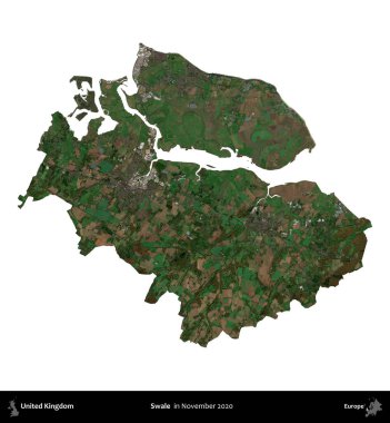 Swale. Birleşik Krallık 'ın idari alanı, Kasım 2020' de çekilen Kopernik Nöbetçi karolarından oluşan bir uydu görüntüsü üzerinde beyaza izole edilmiştir.