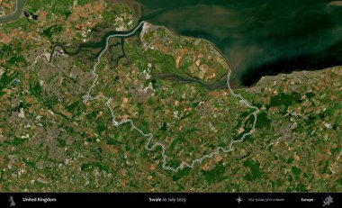 Swale. Temmuz 2023 'te çekilen Copernicus Sentinel karolarından oluşan bir uydu görüntüsü üzerinde Birleşik Krallık' ın idari bölgesinin ana hatlarını belirledik.
