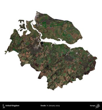 Swale. Birleşik Krallık 'ın idari alanı, Copernicus Sentinel' in Ocak 2024 'te çekilen uydu görüntüsüyle beyaza izole edildi.