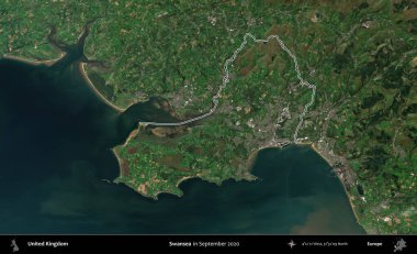 Swansea 'de. Eylül 2020 'de çekilen Kopernik Nöbetçi karolarından oluşan bir uydu görüntüsü üzerinde Birleşik Krallık' ın idari bölgesini özetledik.