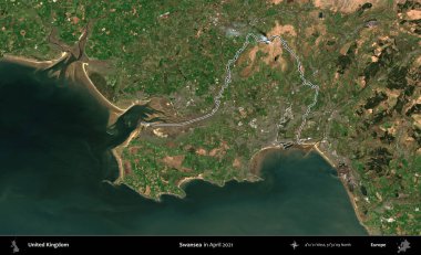 Swansea 'de. Nisan 2021 'de çekilen Kopernik Nöbetçi karolarından oluşan bir uydu görüntüsü üzerinde Birleşik Krallık' ın idari bölgesinin ana hatlarını belirledik.