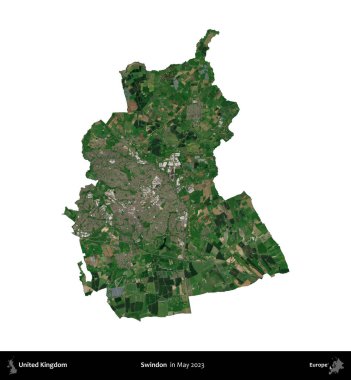 Swindon. Birleşik Krallık 'ın idari alanı, Mayıs 2023' te çekilen Kopernik Nöbetçi karolarından oluşan bir uydu görüntüsü üzerinde beyaza izole edilmiştir.
