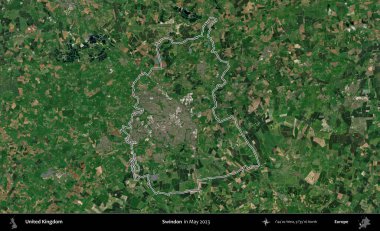 Swindon. Mayıs 2023 'te çekilen Copernicus Sentinel karolarından oluşan bir uydu görüntüsü üzerinde Birleşik Krallık' ın idari alanının ana hatlarını belirledik.