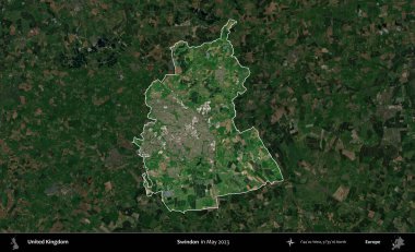 Swindon. Birleşik Krallık 'ın idari alanı, Mayıs 2023' te çekilen Kopernik Nöbetçi karolarından oluşan koyu renkli bir uydu görüntüsü üzerinde vurgulandı ve özetlendi.