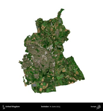 Swindon. Birleşik Krallık 'ın idari alanı, Haziran 2023' te çekilen Kopernik Nöbetçi karolarından oluşan bir uydu görüntüsü üzerinde beyaza izole edilmiştir.
