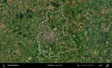 Swindon. Haziran 2023 'te çekilen Kopernik Nöbetçi karolarından oluşan bir uydu görüntüsü üzerinde Birleşik Krallık' ın idari alanının ana hatlarını belirledik.