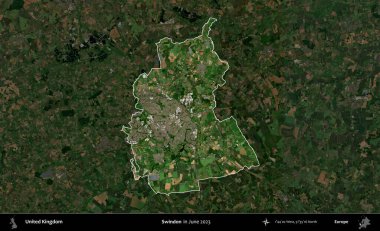 Swindon. Birleşik Krallık 'ın idari alanı, Haziran 2023' te çekilen Kopernik Nöbetçi karolarından oluşan koyu renkli bir uydu görüntüsüyle vurgulanmış ve özetlenmiştir.