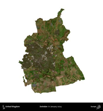 Swindon. Birleşik Krallık 'ın idari alanı, Copernicus Sentinel' in Ocak 2024 'te çekilen uydu görüntüsüyle beyaza izole edildi.