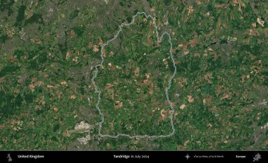 Tandridge. Temmuz 2024 'te çekilen Copernicus Sentinel karolarından oluşan bir uydu görüntüsü üzerinde Birleşik Krallık' ın idari bölgesinin ana hatlarını belirledik.