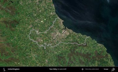 Tees Valley 'de. Haziran 2018 'de çekilen Kopernik Nöbetçi karolarından oluşan bir uydu görüntüsü üzerinde Birleşik Krallık' ın idari alanının ana hatlarını belirledik.