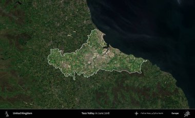 Tees Valley 'de. Birleşik Krallık 'ın idari alanı, Haziran 2018' de çekilen Kopernik Nöbetçi karolarından oluşan koyu renkli bir uydu görüntüsü üzerinde vurgulandı ve özetlendi.