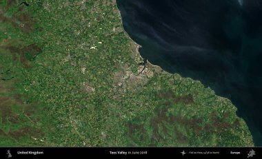 Tees Valley 'de. Haziran 2018 'de çekilen Kopernik Nöbetçi karolarından oluşan bir uydu görüntüsü üzerinde Birleşik Krallık' ın idari alanı