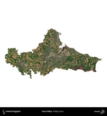 Tees Valley 'de. Birleşik Krallık 'ın idari alanı, Mayıs 2020' de çekilen Kopernik Nöbetçi karolarından oluşan bir uydu görüntüsü üzerinde beyaza izole edilmiştir.