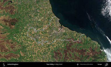 Tees Valley 'de. Mayıs 2020 'de çekilen Copernicus Sentinel karolarından oluşan bir uydu görüntüsü üzerinde Birleşik Krallık' ın idari bölgesini özetledik.
